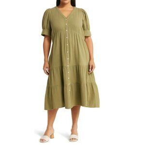 Madewell Green Lightspun tiered midi dress Plus size 18w Gauze Button front Prep